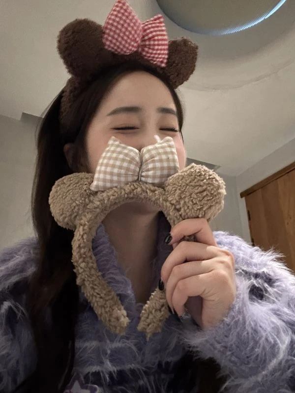 小熊耳朵格子蝴蝶结发箍可爱秋冬毛绒洗脸化妆敷面膜头箍发饰ins