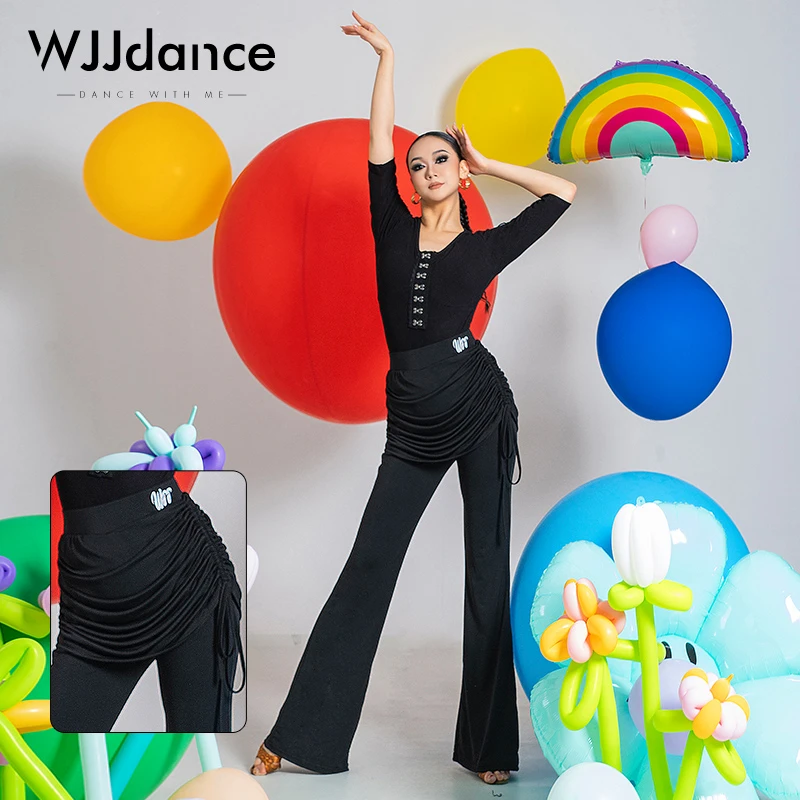 WJJdance拉丁舞长裤女2025新款高腰假两件包臀抽绳微喇叭国标裤子