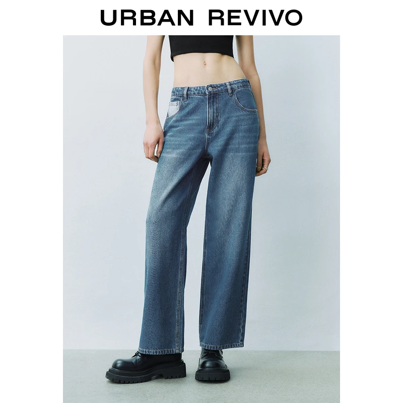 UR2025春季新品女装欧若风猫须水洗撞色口袋牛仔长裤UYU850032