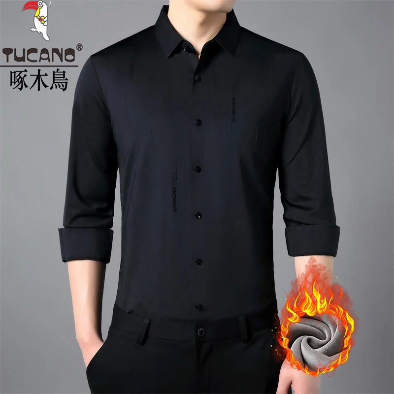 啄木鸟中年男士秋冬季长袖衬衫加绒保暖无痕免烫商务休闲时尚上衣