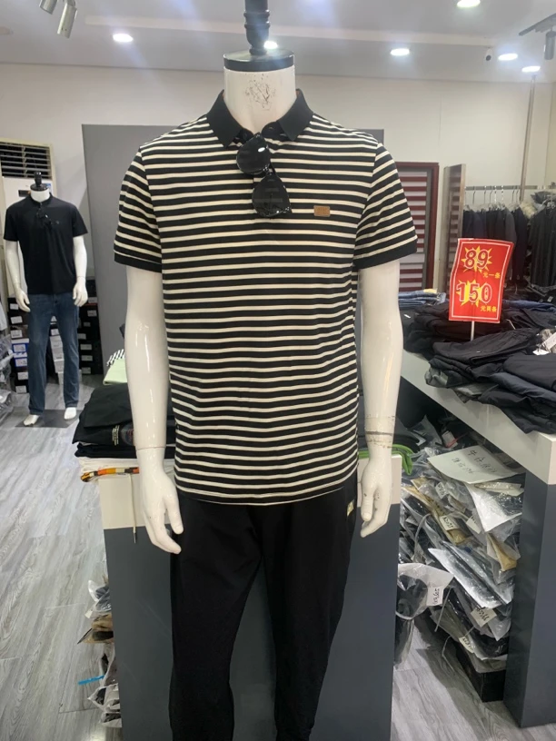 短袖免烫纽扣条纹夏季人物Polo衫经典t恤休闲慵懒男老公时尚简单