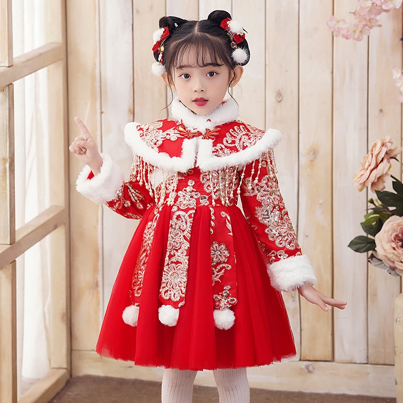 839女童汉服冬季连衣裙儿童中国风唐装裙子新款拜年服过年喜庆服