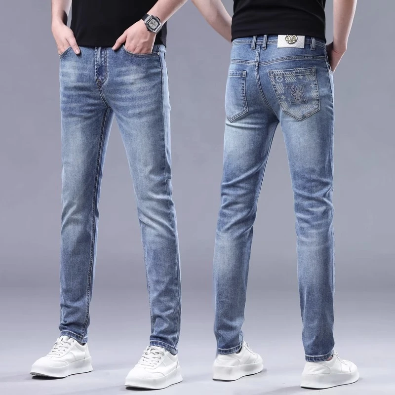 BALEYSWO新款高端牛仔裤男士春秋弹力字母绣花修身小直筒牛仔裤子