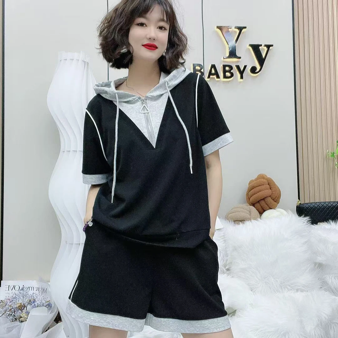 YY大码(船遥游)显瘦洋气时尚休闲百搭连帽夏季韩版套装