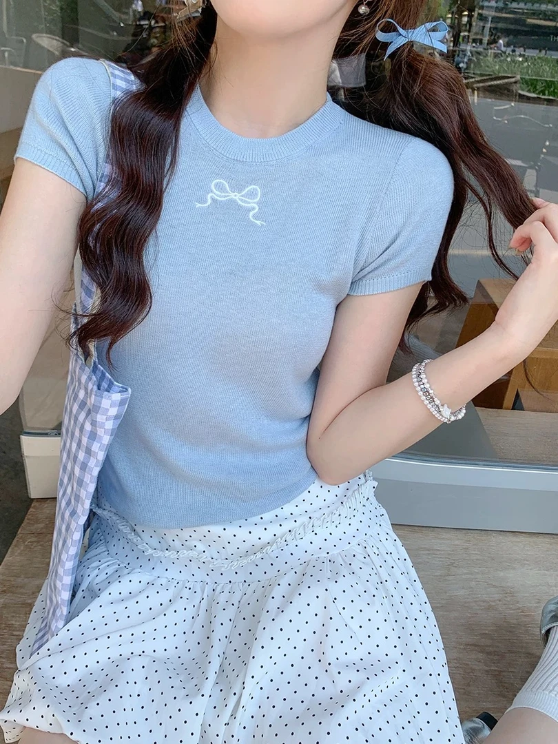 后背镂空蝴蝶结设计感针织短袖t恤女夏修身蓝色小个子短款上衣服