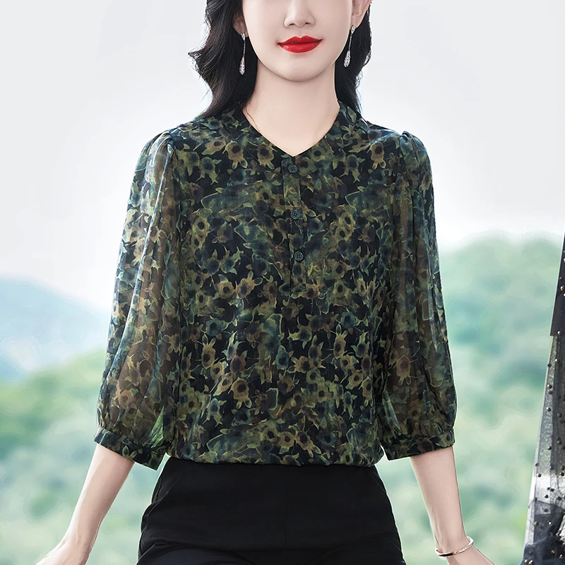 春夏百搭气质七分袖衬衫乔其纱双皱显瘦中老年衬衣宽松遮肚上衣