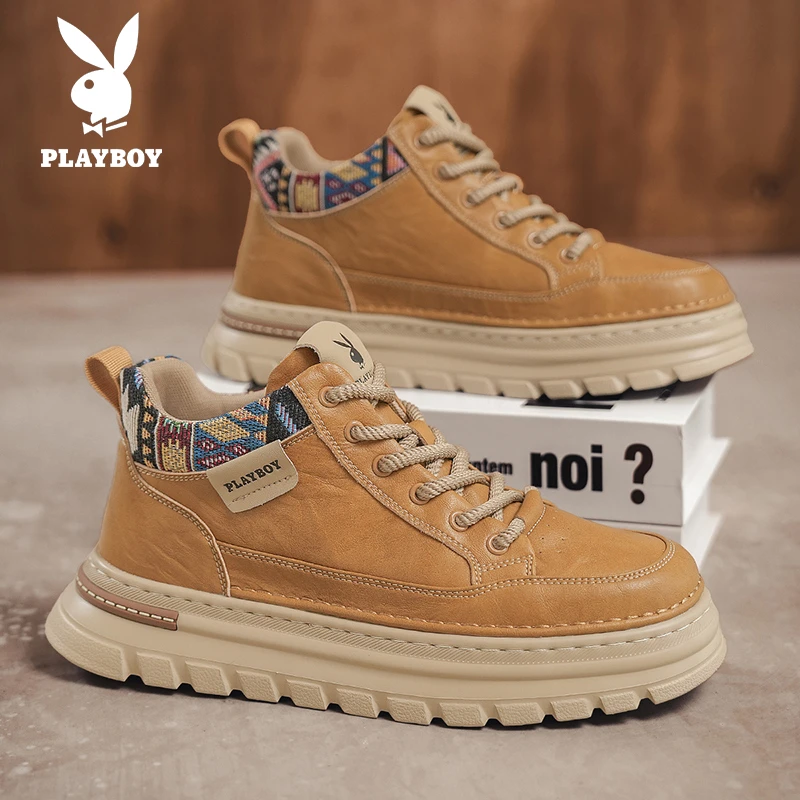 PLAYBOY/花花公子男鞋秋季英伦厚底潮流高帮休闲鞋男工装复古靴子