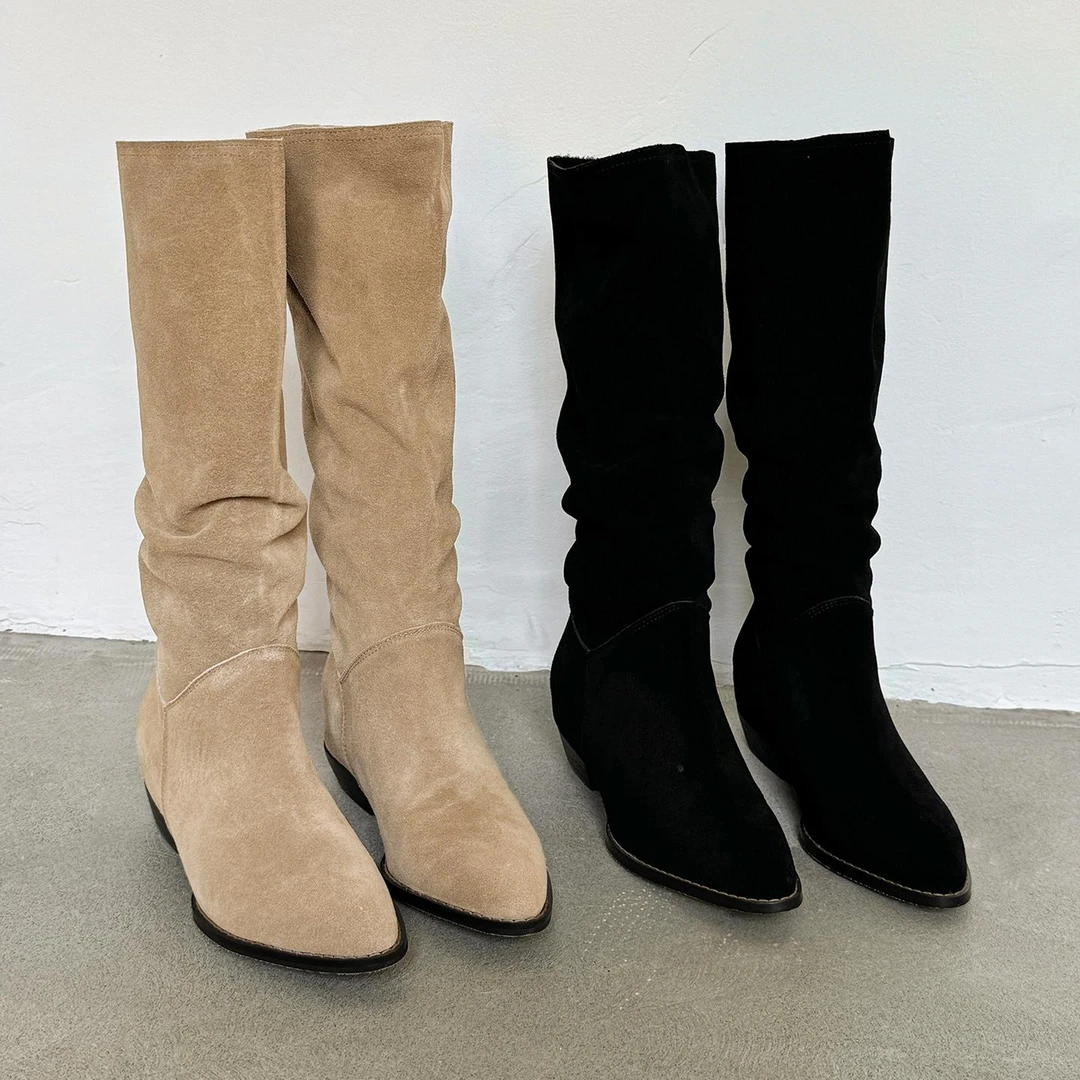 牛翻皮堆堆靴子女高筒靴2025新款尖头粗跟长筒靴不过膝显瘦骑士靴
