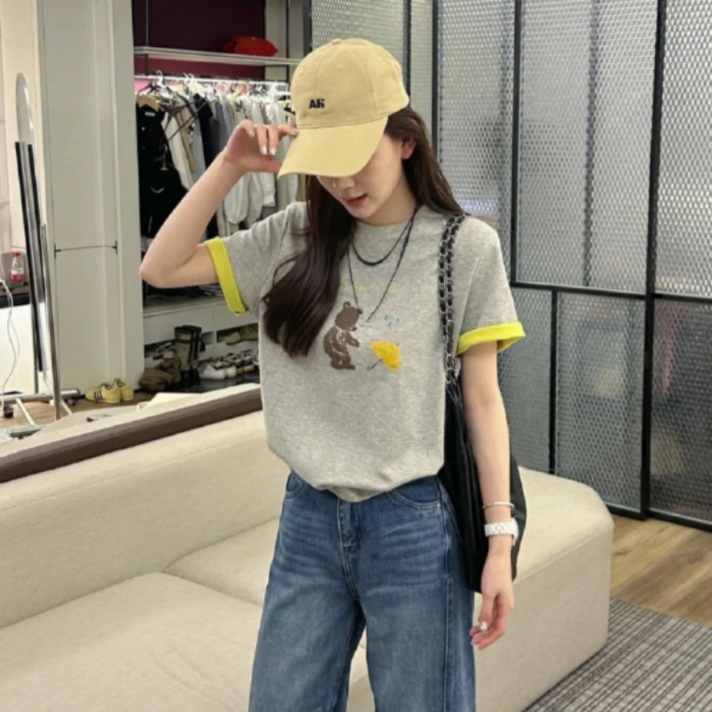 【姿姐】2025新款撞色小熊时尚百搭休闲上衣圆领女T恤-25119