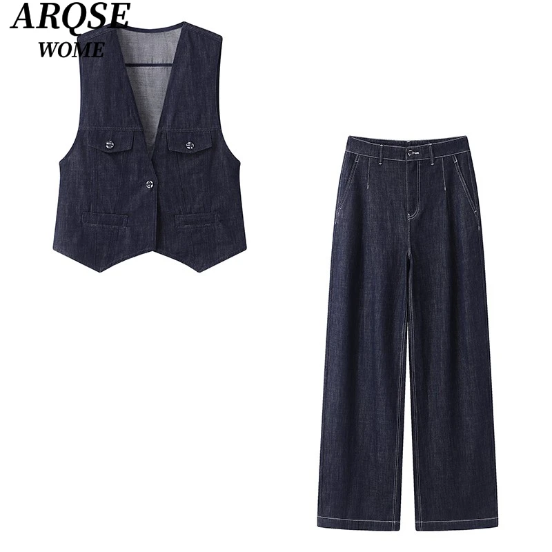艾家新款2025夏季休闲牛仔马甲外套阔腿牛仔裤套装1537+3237