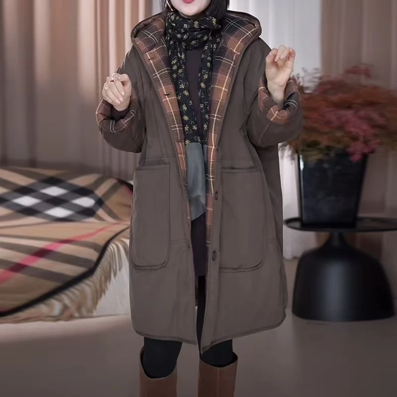 高档轻奢连帽女款宽松中长款棉衣2025年秋冬新款保暖显瘦气质百搭