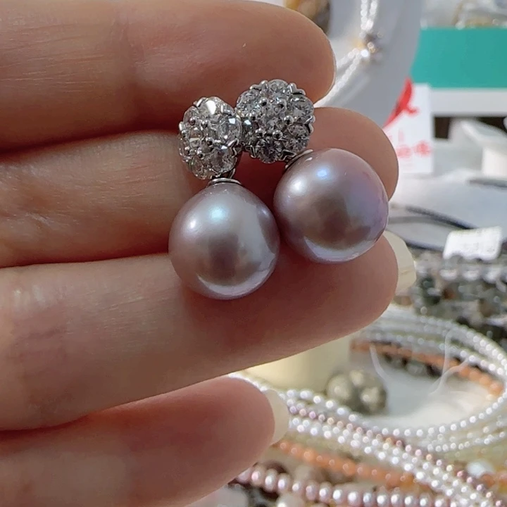 银S925镶嵌淡水珍珠11.3左右近圆香芋紫色有正常生长纹