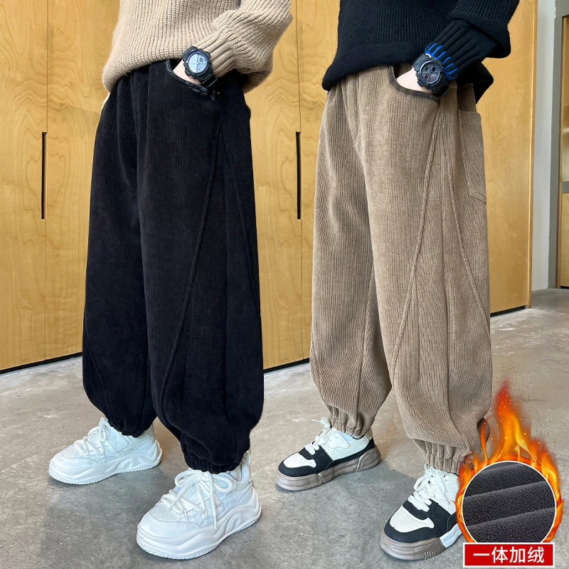男童冬季加绒裤子儿童休闲条绒长裤一体绒2025秋冬新款中大童加厚