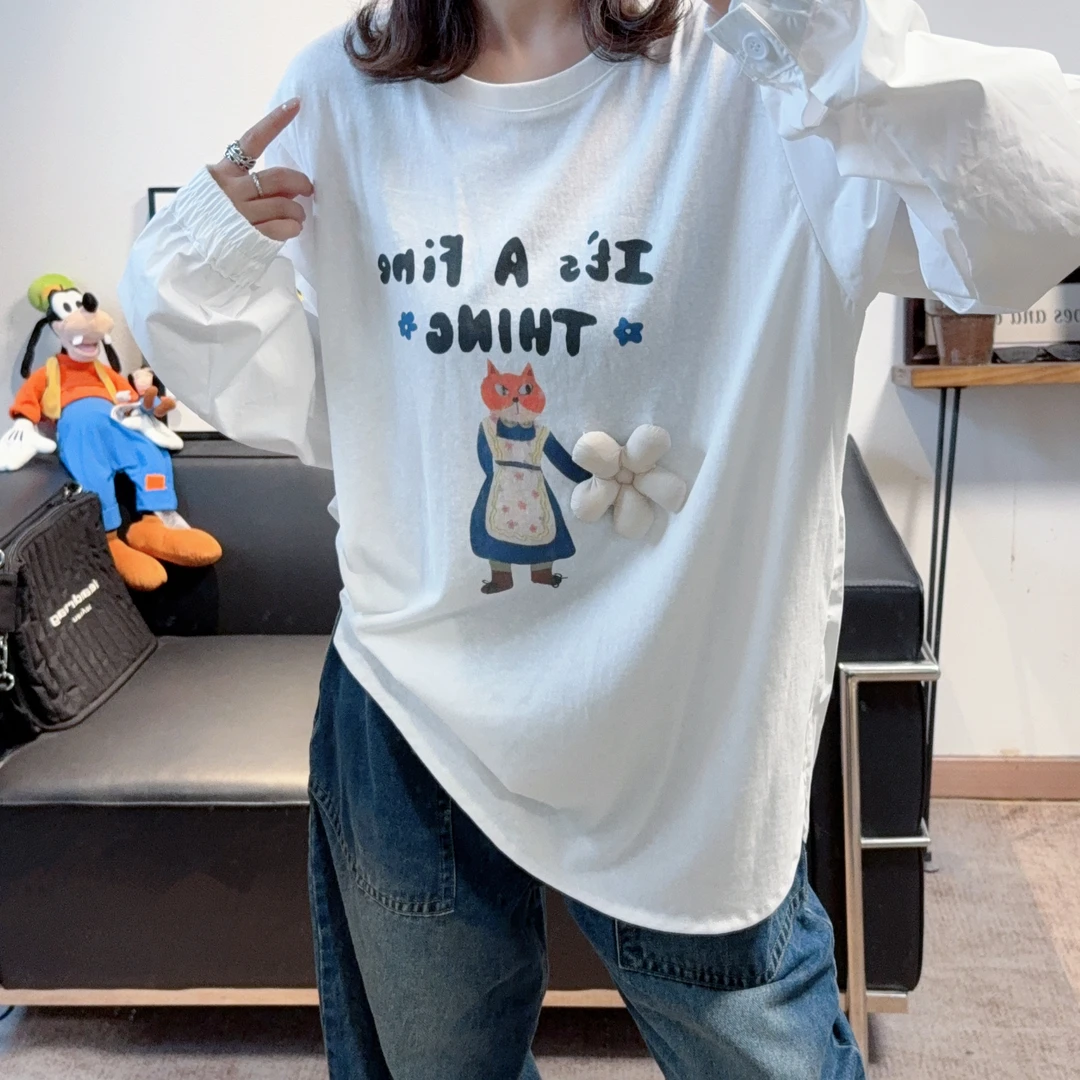 2025秋季新款超洋气立体小花卡通圆领打底长袖T恤女亲肤柔软宽松