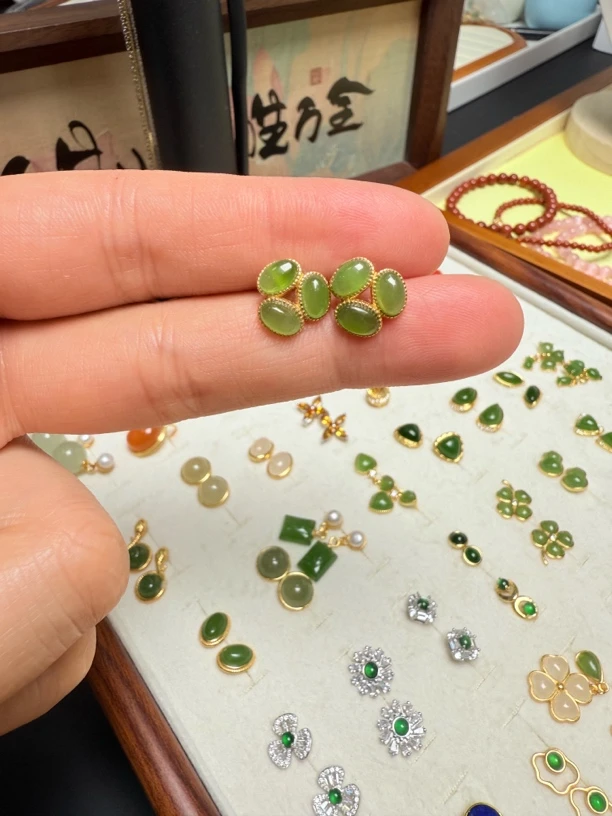 和田玉碧玉耳饰S925银镶