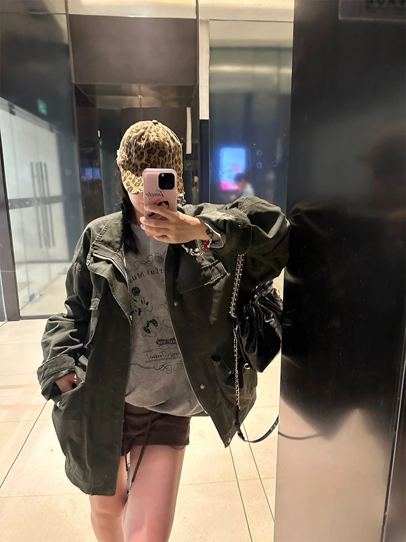 D YANGJUN 2024秋冬新款做旧磨破工装拉链宽松百搭夹克外套上衣女