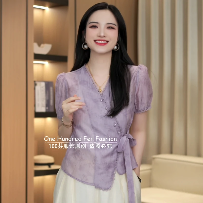 法式v领收腰系带泡泡短袖衬衫女夏季2025新款温柔风洋气减龄上衣