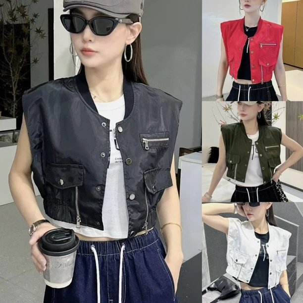 N9599时尚潮流短款马甲个性百搭口袋女士显瘦无袖马夹广场舞上衣