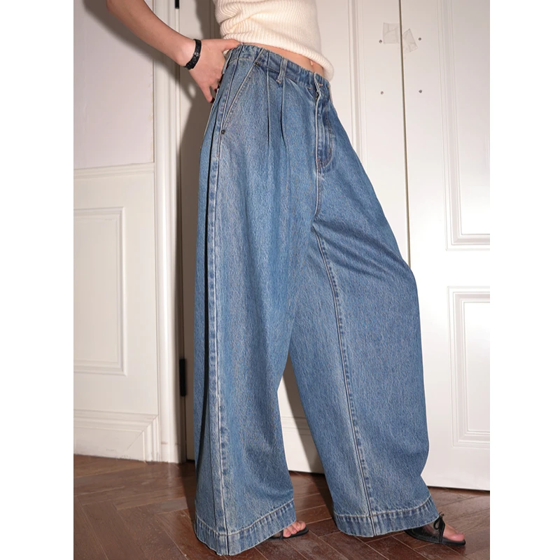 SUPERSCAPE素舶 复古双色 双褶中腰宽边牛仔阔腿长裤