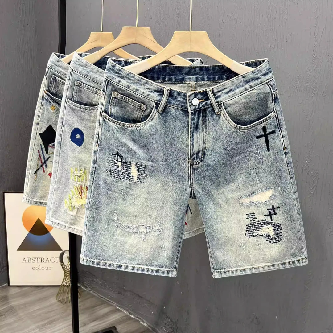 时尚破洞男士牛仔短裤夏季潮流中裤韩版直筒五分裤百搭新款半截裤