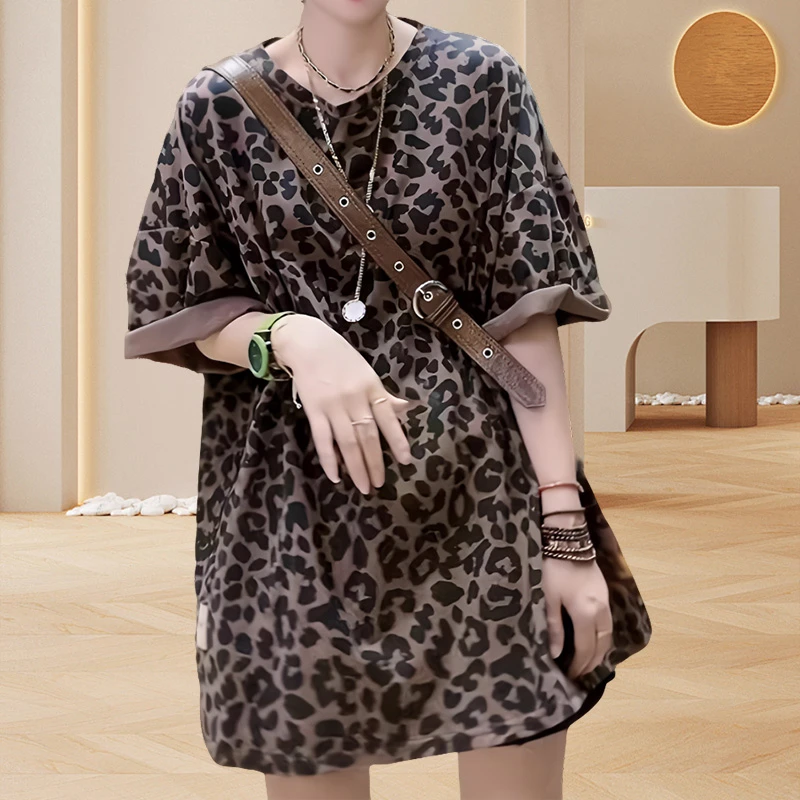 复古豹纹胖mm宽松大码T恤夏季百搭休闲中长款多巴胺夏季衣服