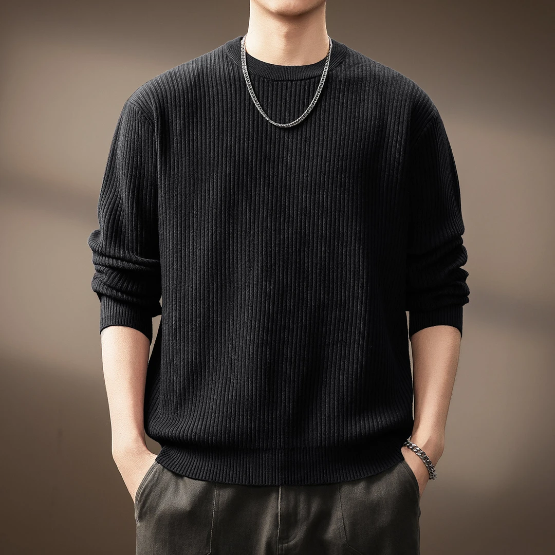 高端美式竖纹肌理感重磅圆领毛衣男秋冬新款简约复古风百搭针织衫
