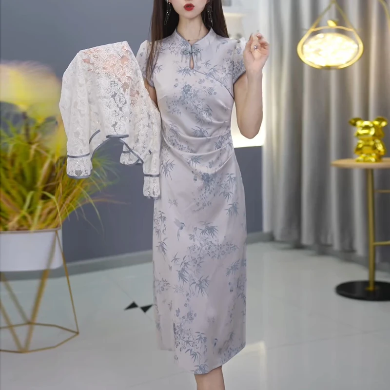 洋气薄款短袖罩衫改良旗袍连衣裙女2025年夏季新款两件套套装裙子