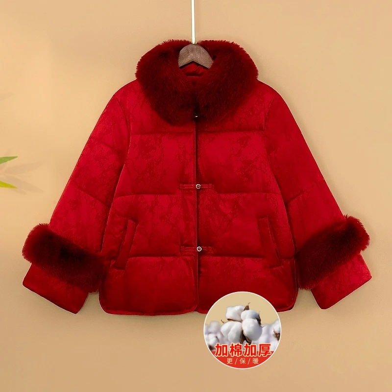 【嫣然】冬季加棉加厚外套新中式宽松国风立领提花保暖毛领上衣女款