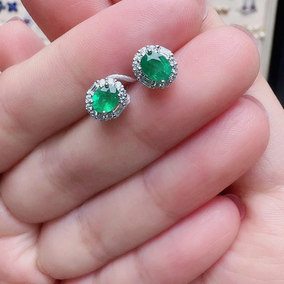 祖母绿耳饰银S925镶嵌耳钉