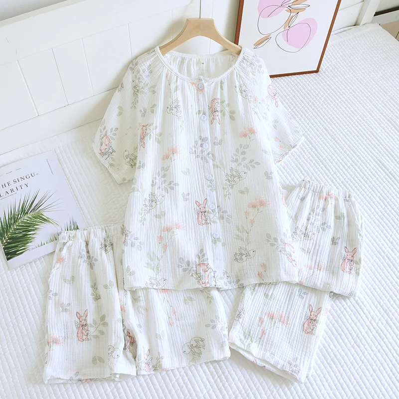 纯棉纱布睡衣女夏季三件套田园风卡通清新花卉夏天薄款家居服套装