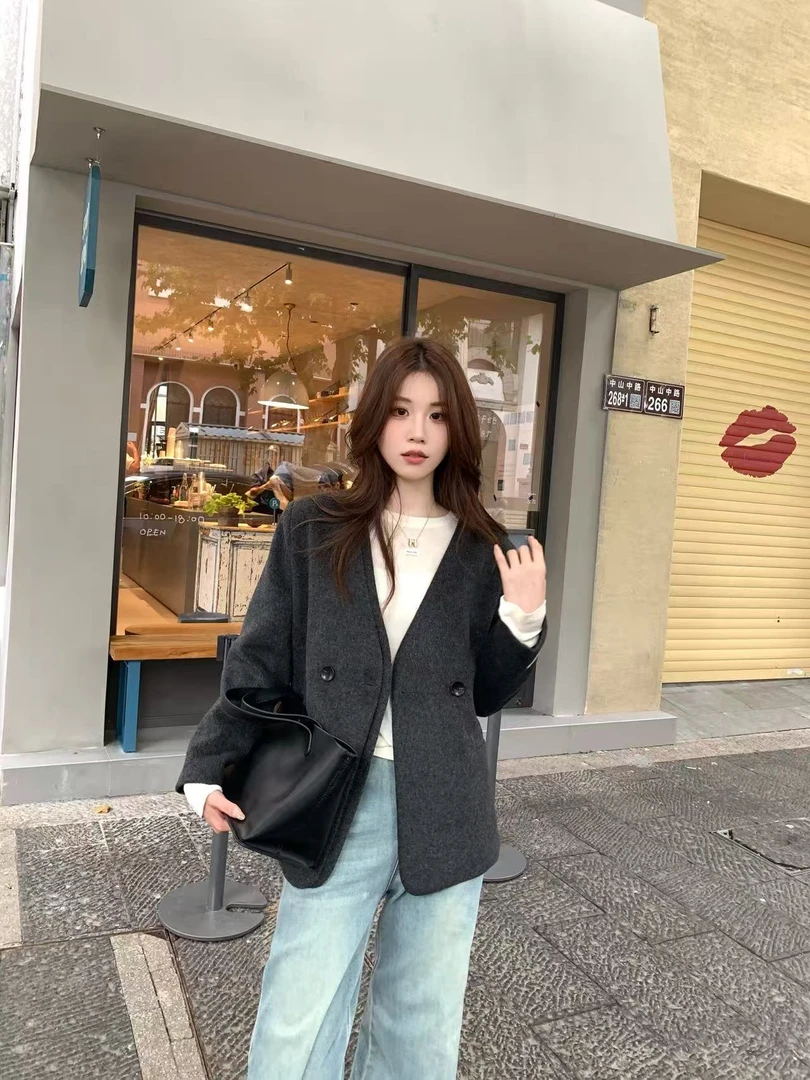 “V领双门襟”流沙金羊毛呢外套女双排两粒扣中长气质通勤大衣Z902