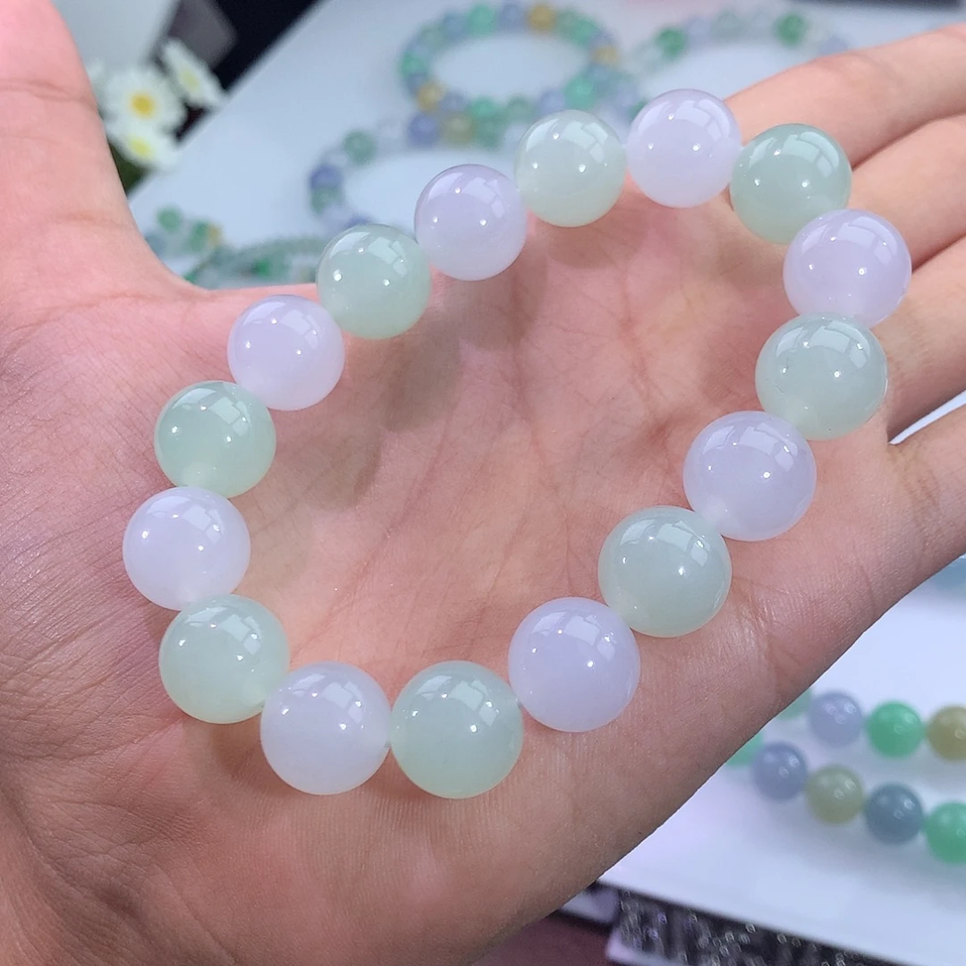 翡翠未镶嵌手链双彩马卡龙手串