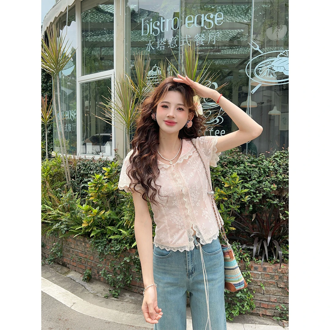温敏er温柔风粉色短袖衬衫女刺绣设计感修身短款小衫MJ1688153