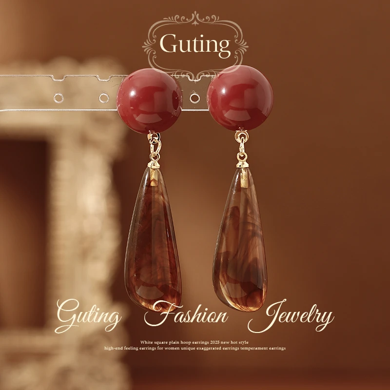 铜合金耳饰 22278咖色水滴耳坠耳钉女精致耳饰耳环轻奢高级感气质