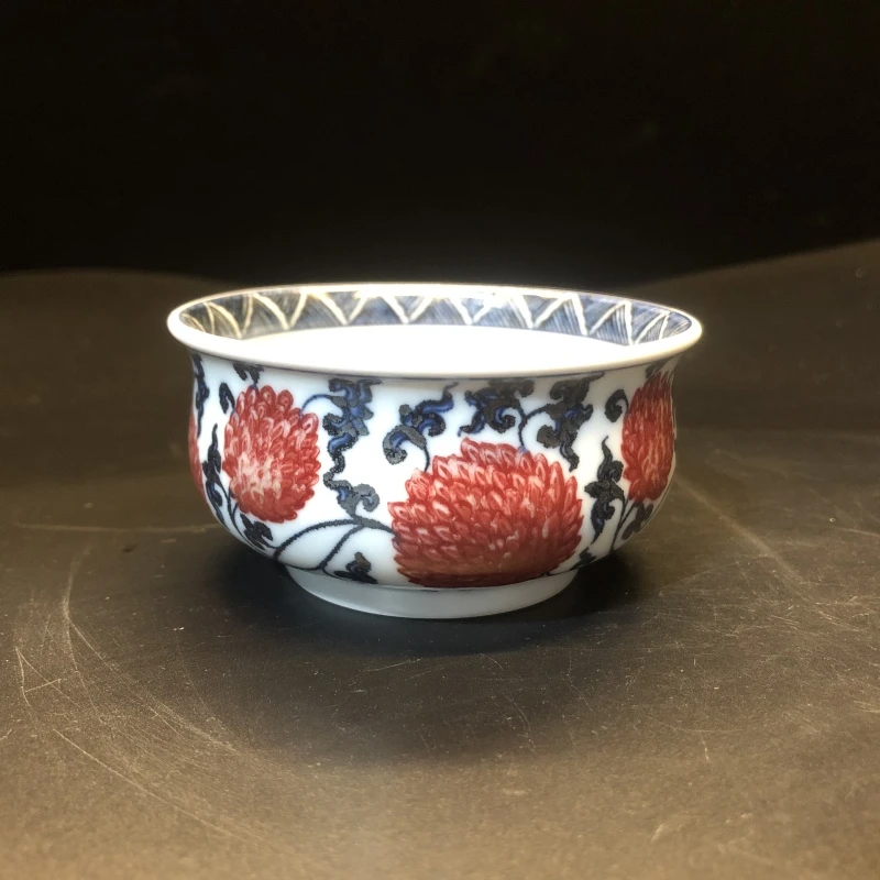 1.1a/N100320/01222/青花釉里红花卉炉式杯/口径8.6/高4.5/100cc
