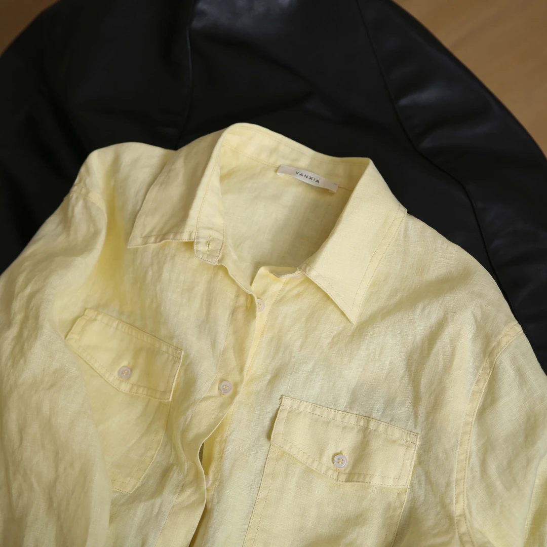 多巴胺奶黄色衬衫 100亚麻衬衫 宽松百搭显瘦衬衣 W-126
