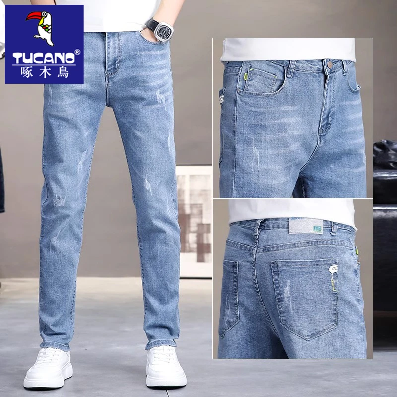 啄木鸟高端牛仔裤男士春季潮牌弹力修身小脚裤直筒休闲裤百搭夏季