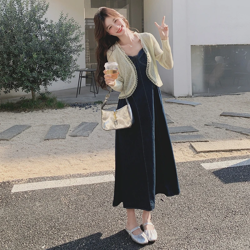 温柔系防晒衫牛仔套装长裙女夏季新款显瘦休闲两件套吊带连衣裙