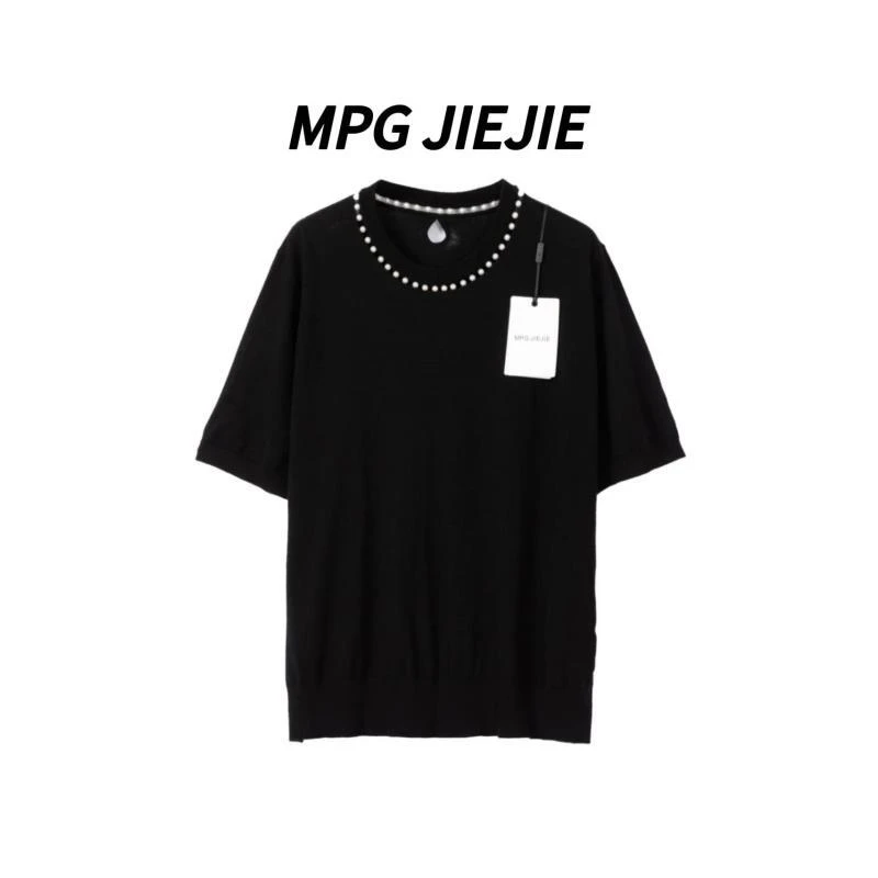 MPGJIEJIE【南法小姐】25早秋绵羊毛珠珠点缀T恤黑色