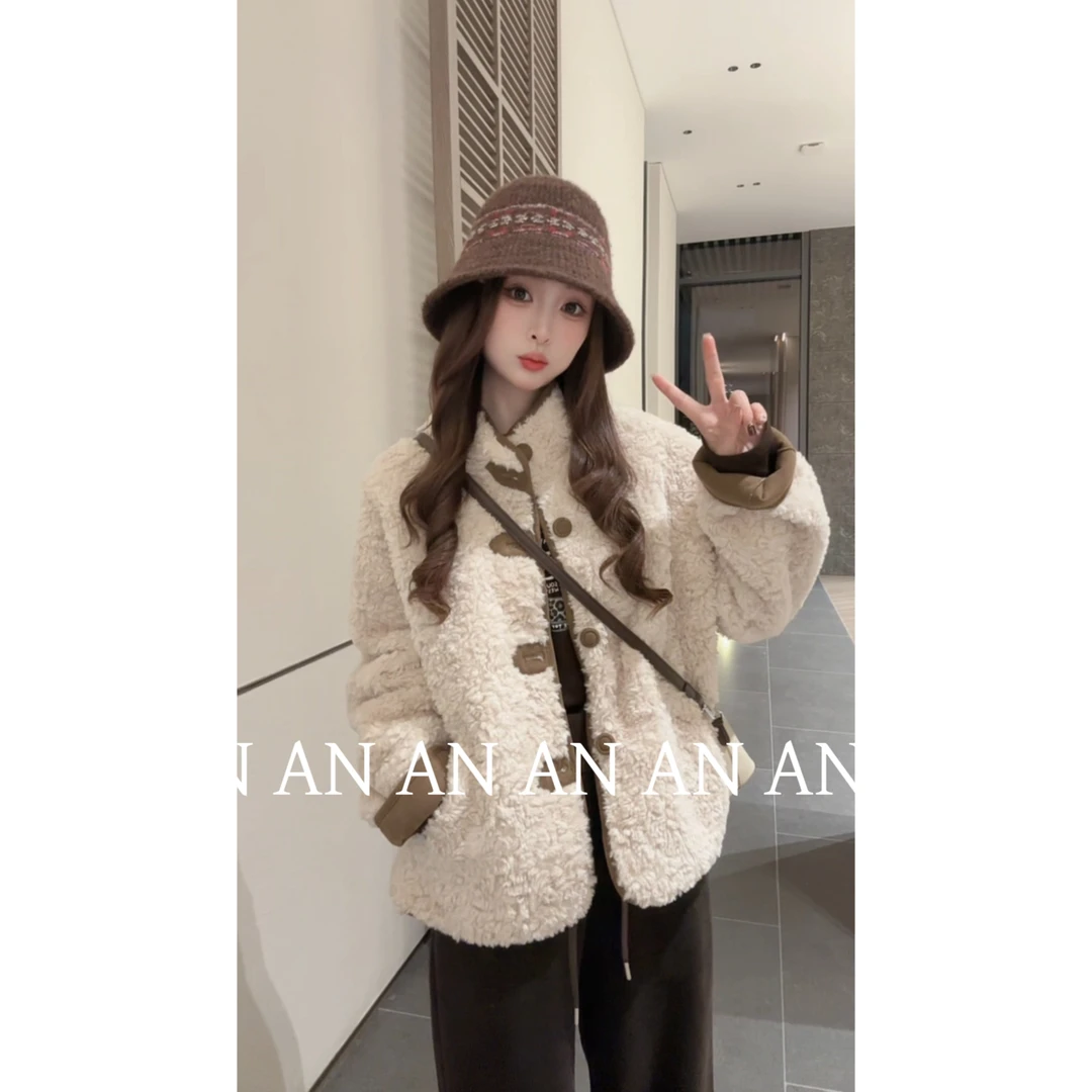 C10363冬季独特超好看慵懒风宽松保暖毛绒绒两面穿单排扣外套