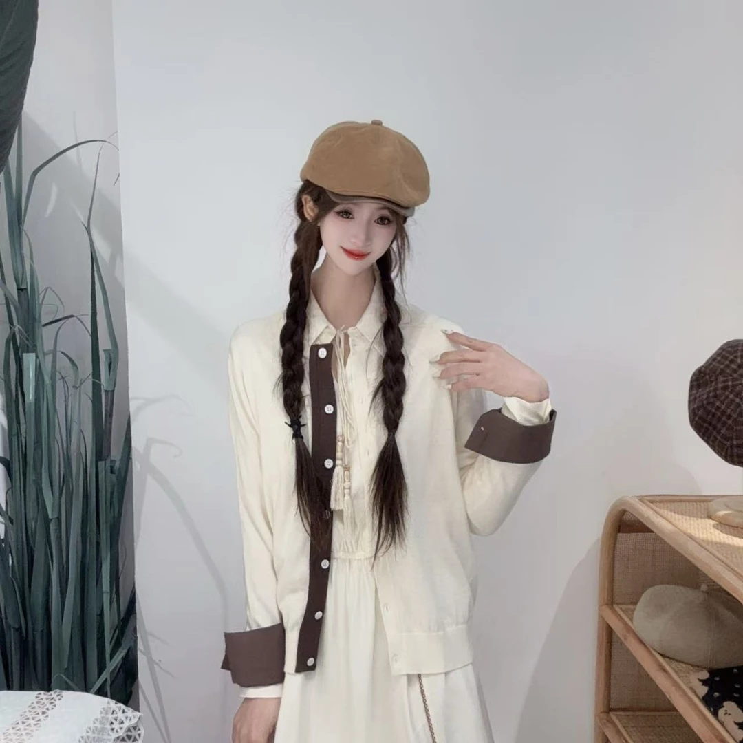 PC48207069法式复古圆领撞色假两件时尚百搭羊毛混纺面料毛衣开衫