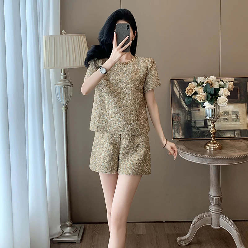 夏季法式时尚气质名媛风小香风套装女洋气减龄钉珠短袖短裤两件套
