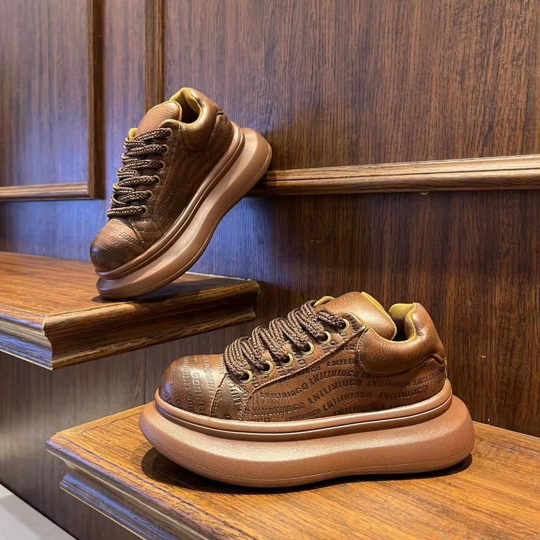 男鞋2025复古风时尚百搭皮革厚底休闲潮鞋低帮增高小众潮流鞋子