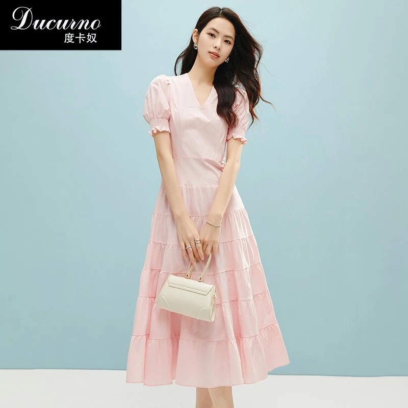 2025年秋新款法式显瘦时尚休闲裙子气质亲肤全棉收腰短袖连衣裙子