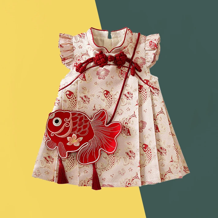 （送包包）女童连衣裙夏季中式复古旗袍汉服宝宝生日喜庆周岁礼服