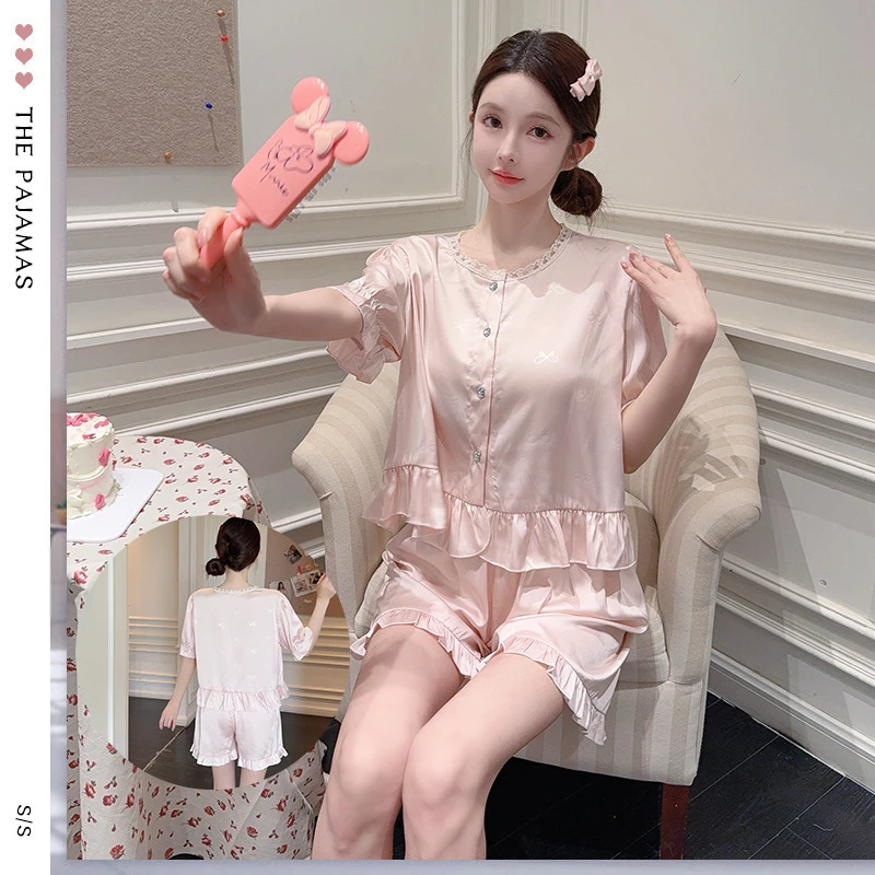睡衣女短袖短裤套装夏季新款女士睡衣韩版花边圆领清新透气家居服