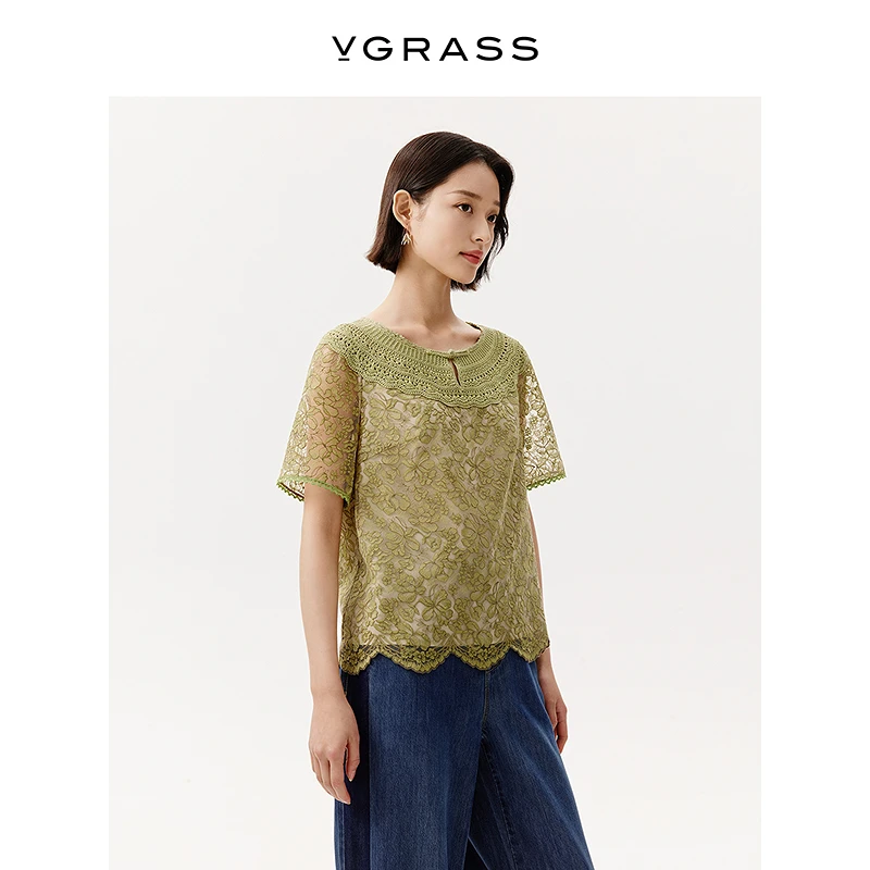 【晨粉专享】VGRASS25夏季新款利巴蕾丝刺绣针织云肩上衣VSX1Q2395D