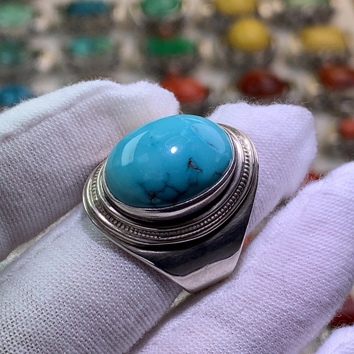 自****绿松石足银镶嵌戒指