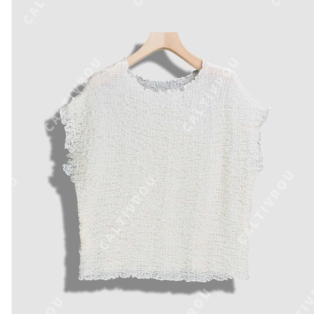 JIUJIU肌理感褶皱洋气百搭显瘦百搭T恤-Y17593