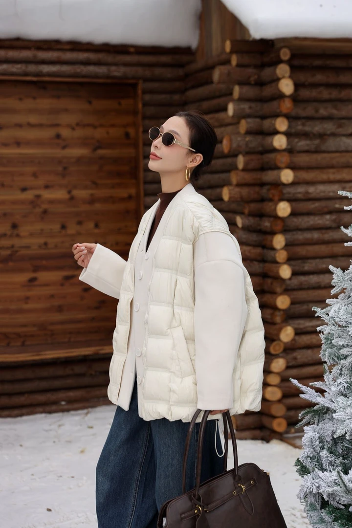 8983冬季新款方格中长款假两件拼接白鸭绒羽绒服女加厚保暖外套